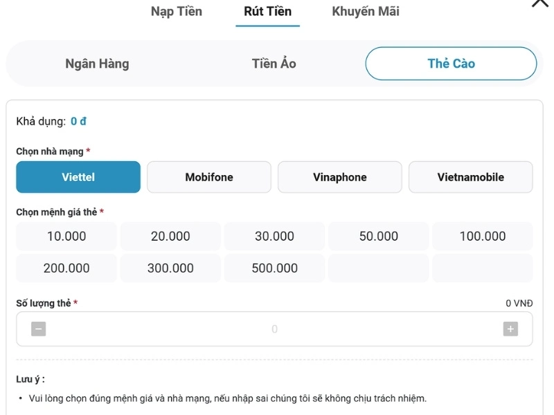 Rút tiền qua thẻ cào điện thoại